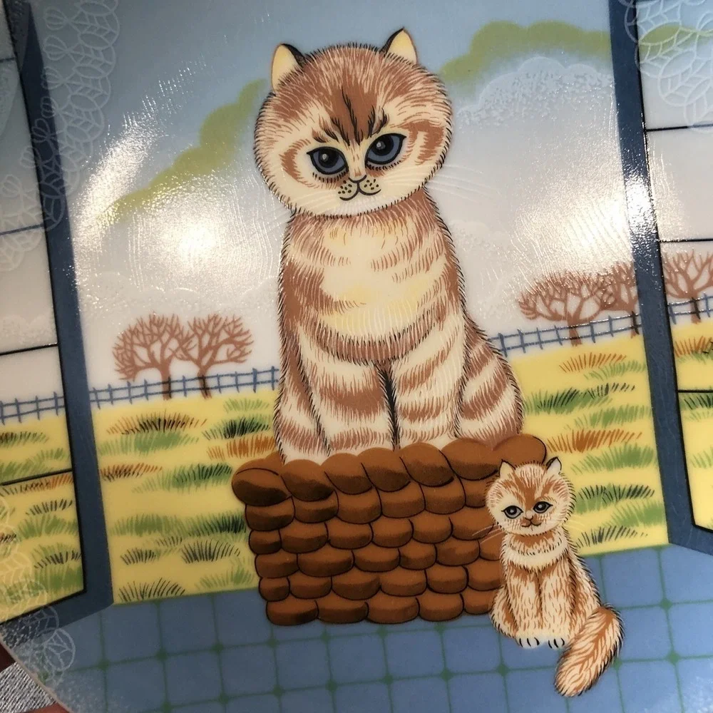 Vintage Artmark Porcelain Plate Cat Kitten Blue Sky Fields Decor Japan 7 3/4
